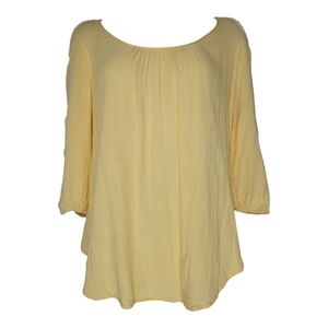Unique Spectrum LG Women Sunshine Yellow 3/4 Sleeve Blouse Crochet Detail Spring